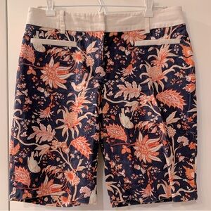 Anthropologie Leifsdottir Blue and Coral Floral Bird Bermuda Shorts Size 4
